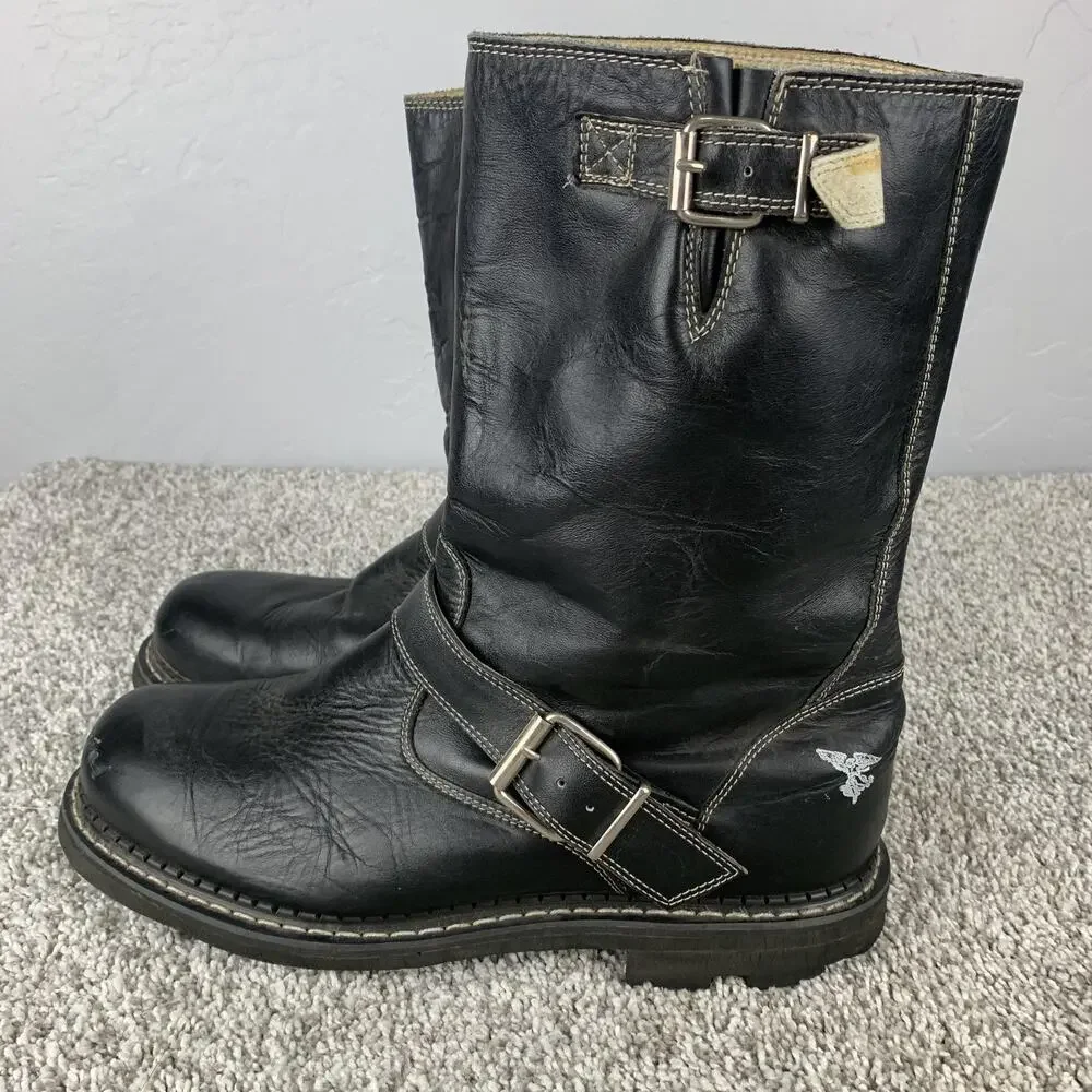 John Fluevog Boots Mens Size 13 Leather Motorcycle Biker Grunge Punk Strap Sole